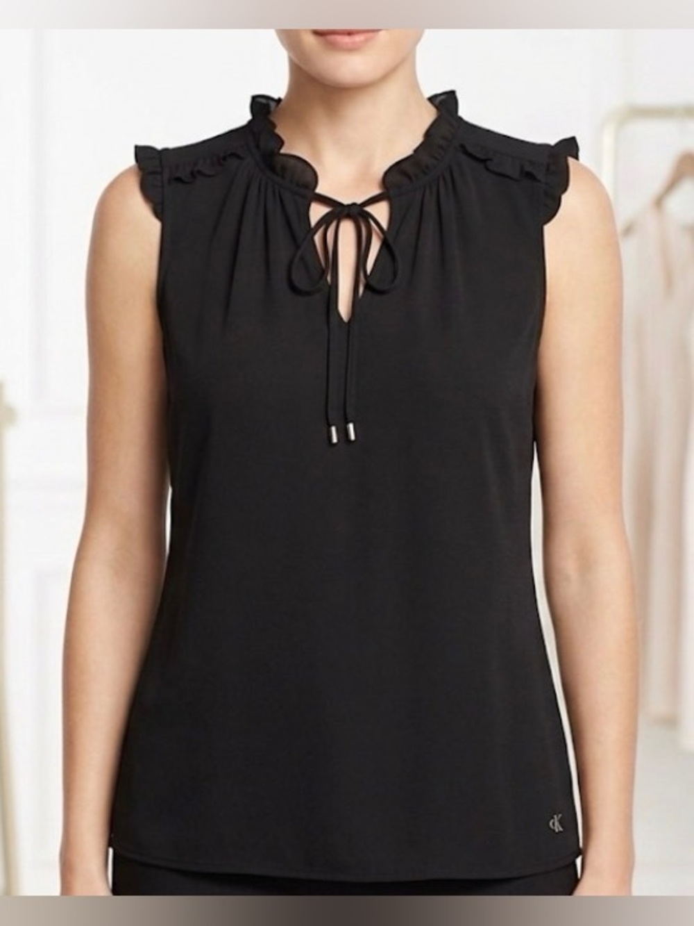 Calvin Klein Black Sleeveless Ruffle Collar Top